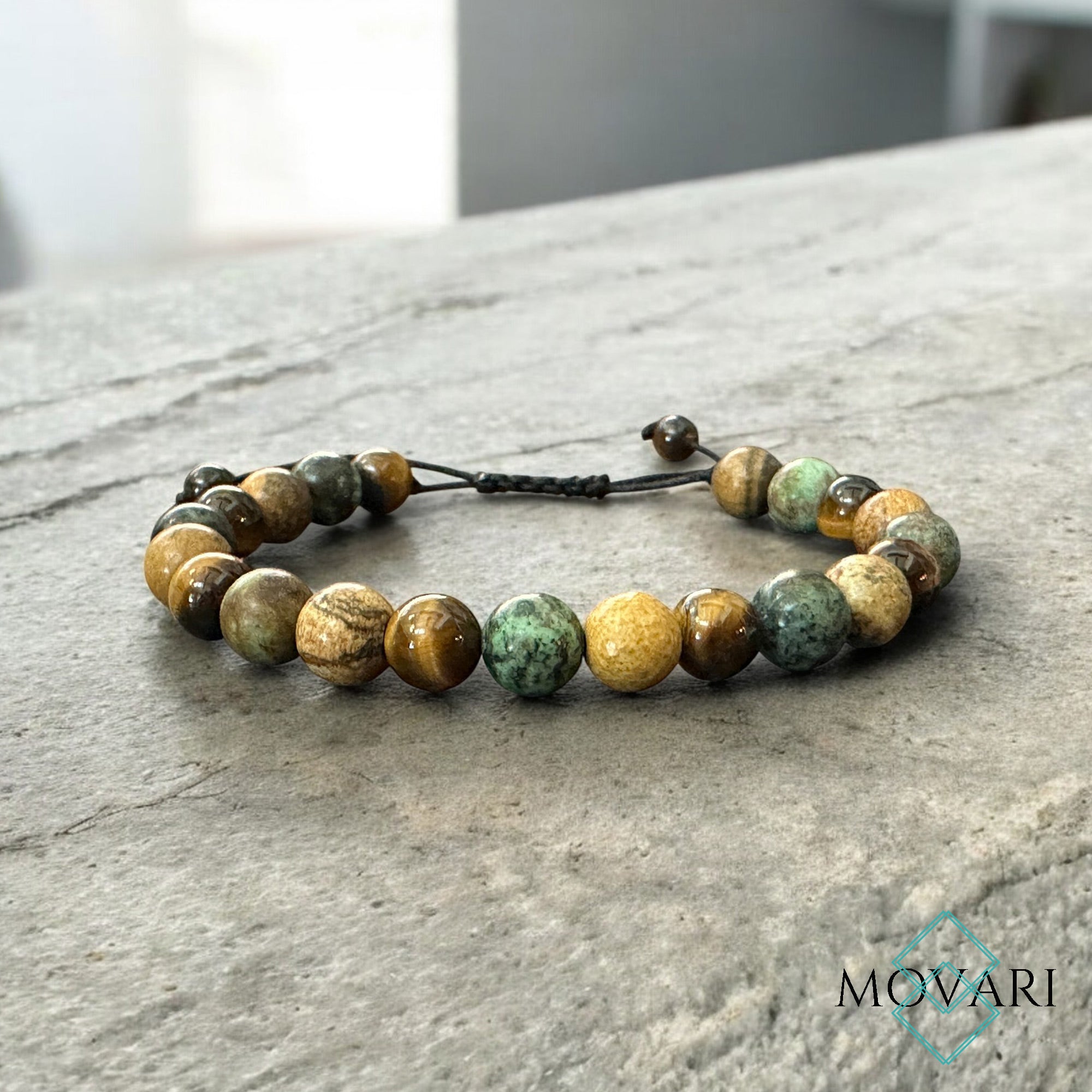 Adjustable Macramé Bead Bracelet Turquoise Picture Jasper Tigers Eye