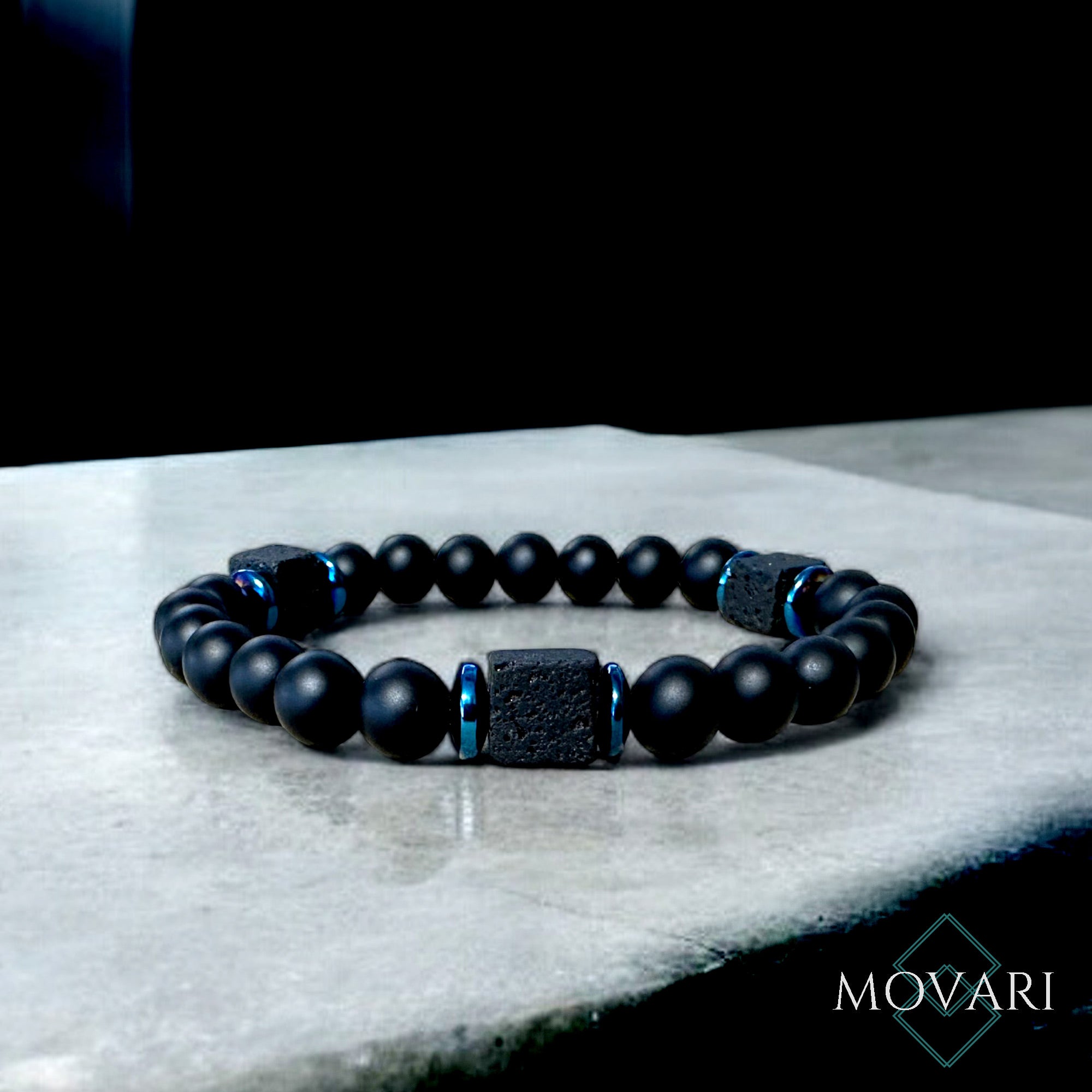 Handmade Mens Bracelet Black Onyx Lava Cubes Blue Hematite