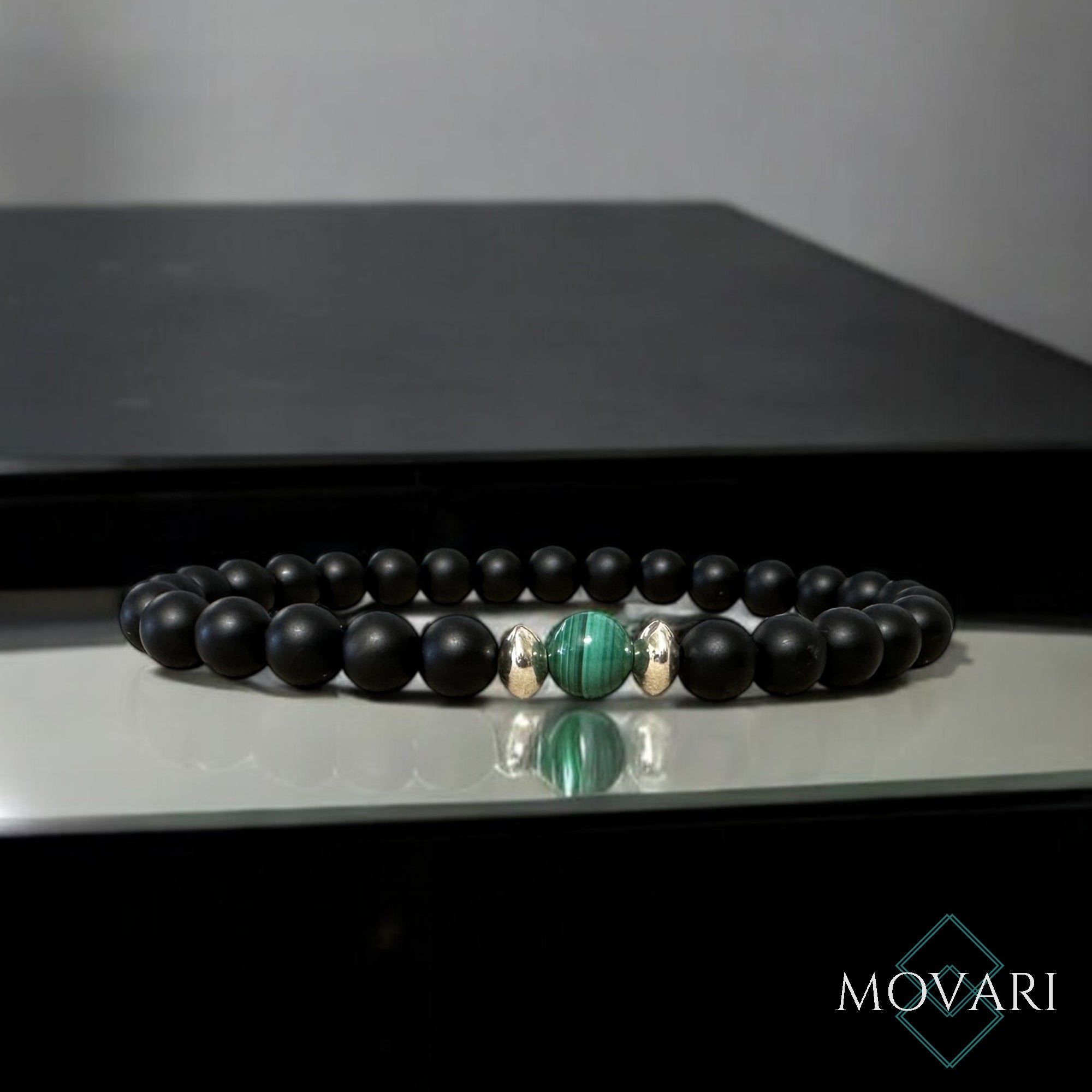 Classy Mens Bead Bracelet 925 Sterling Silver And Malachite 6mm Stretchable
