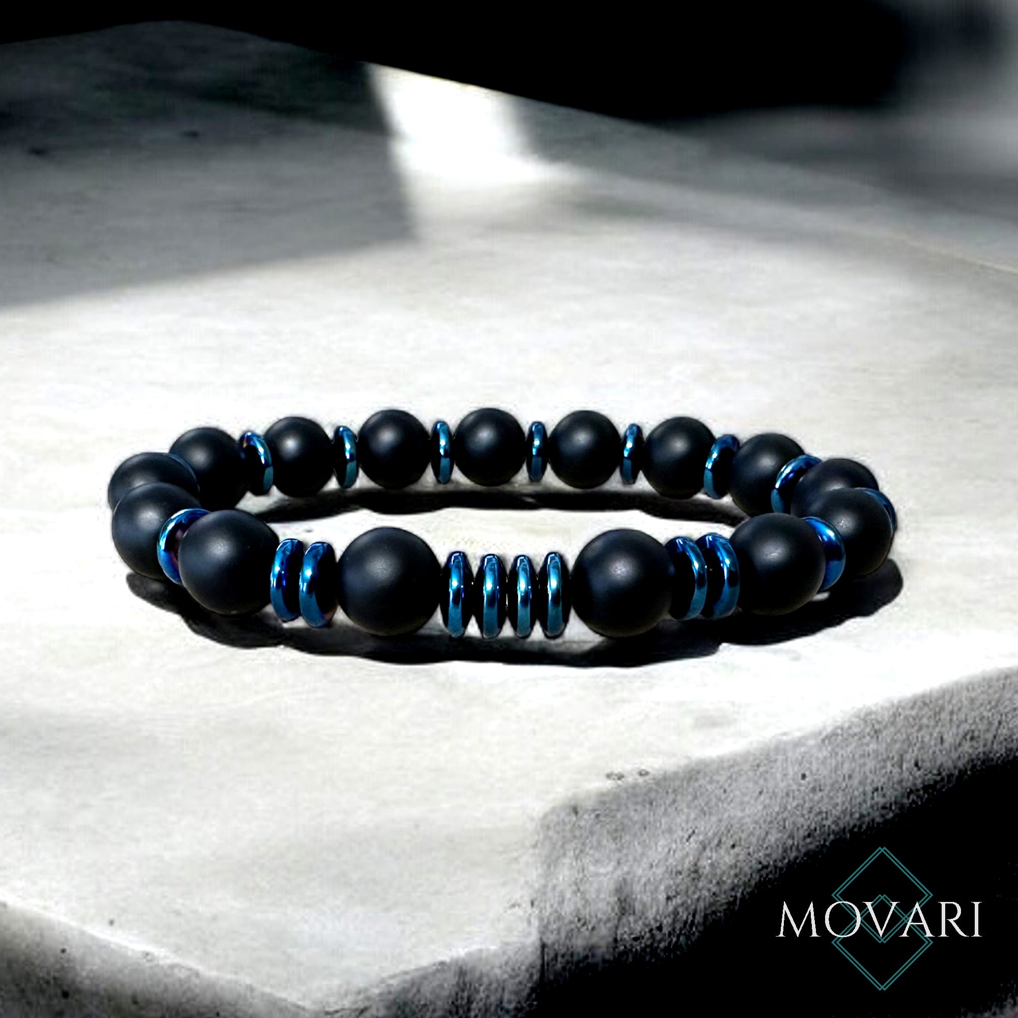 Men's 10mm Bead Stretch Bracelet Onyx Electric Blue Hematite