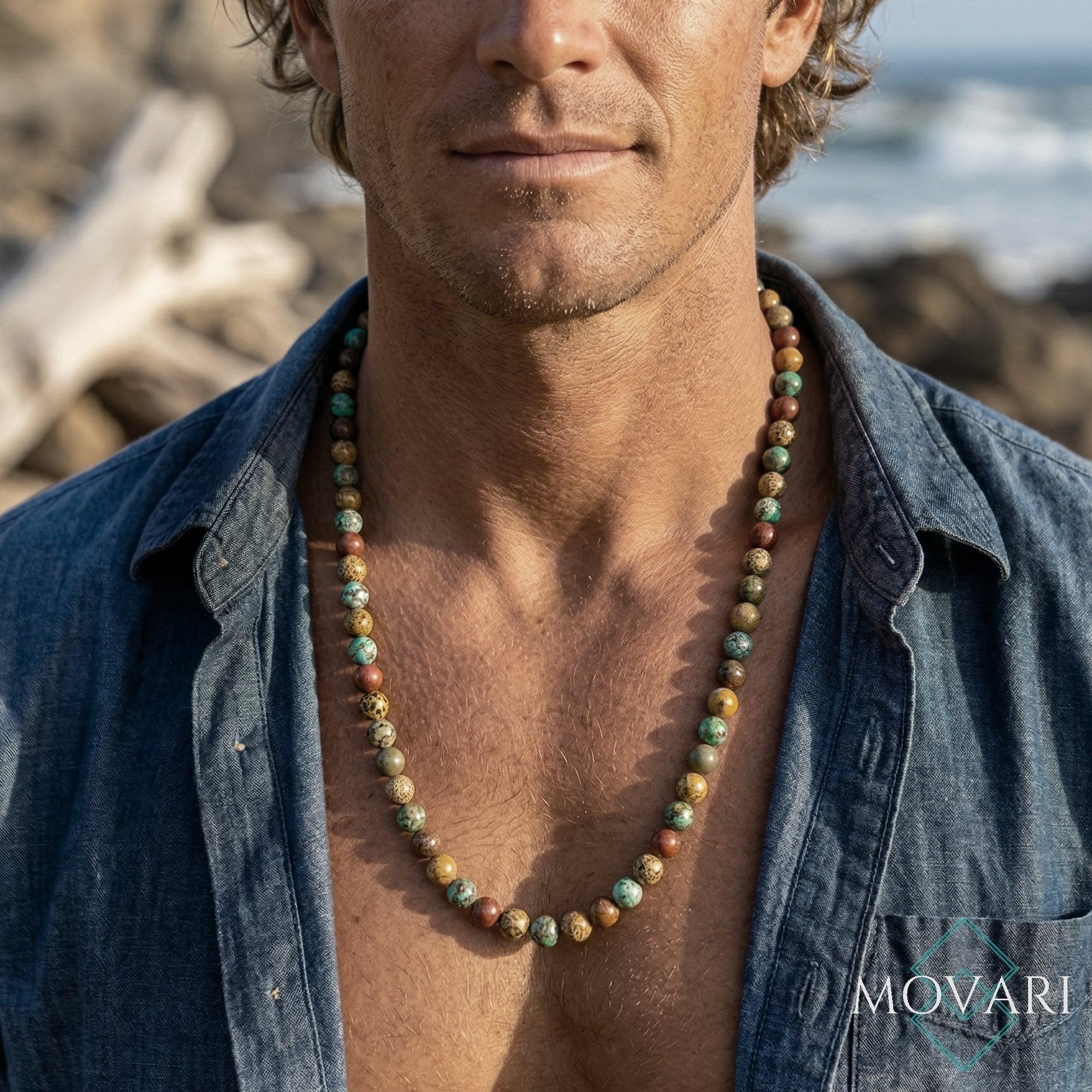 bohemian Nomad Bead Necklace Turquoise Jasper 8mm Surf Jewelry