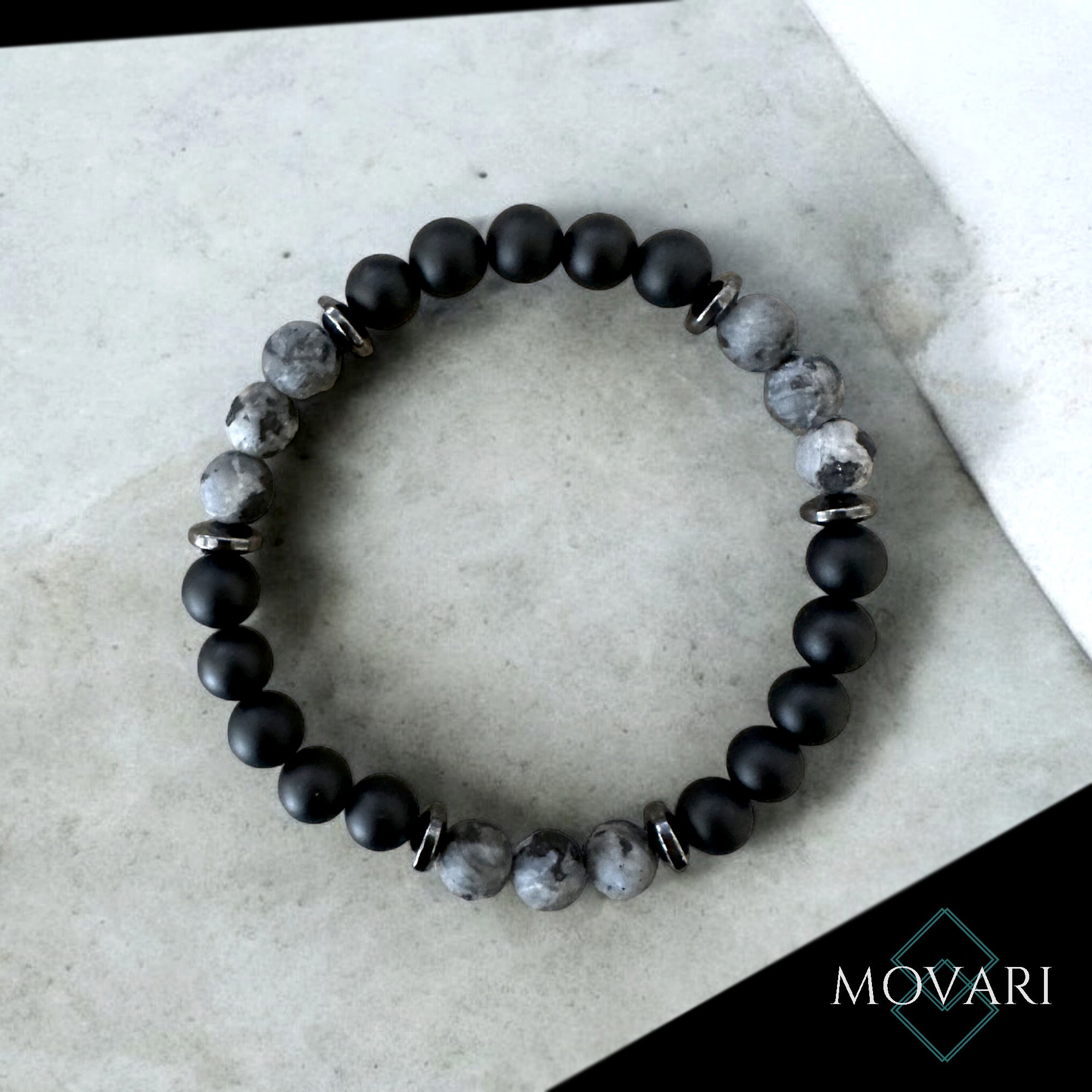 mens Larvikite Onyx 8mm Gemstone Stretch Bracelet For Large Wrists Focus