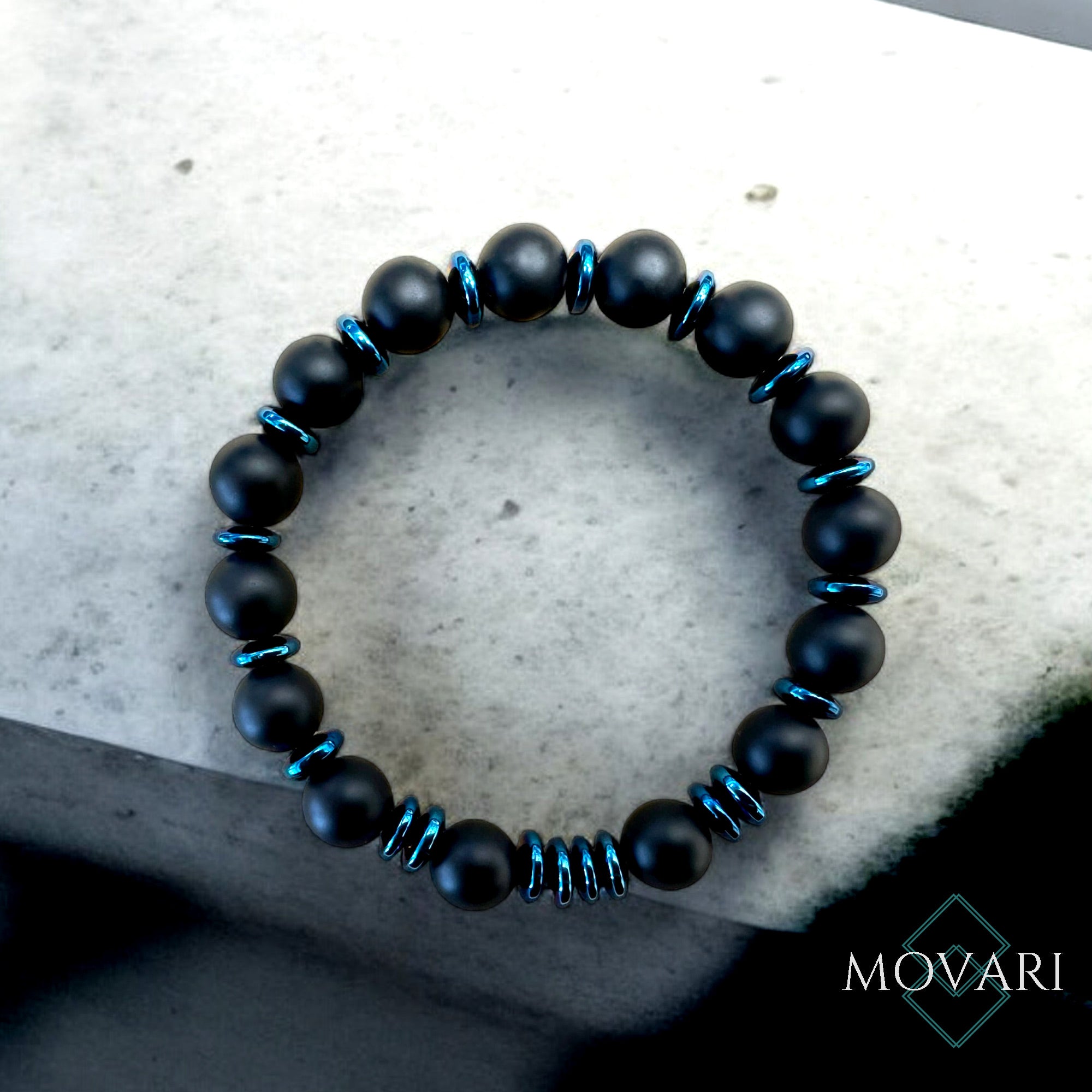 Men's 10mm Bead Bracelet Onyx Electric Blue Hematite