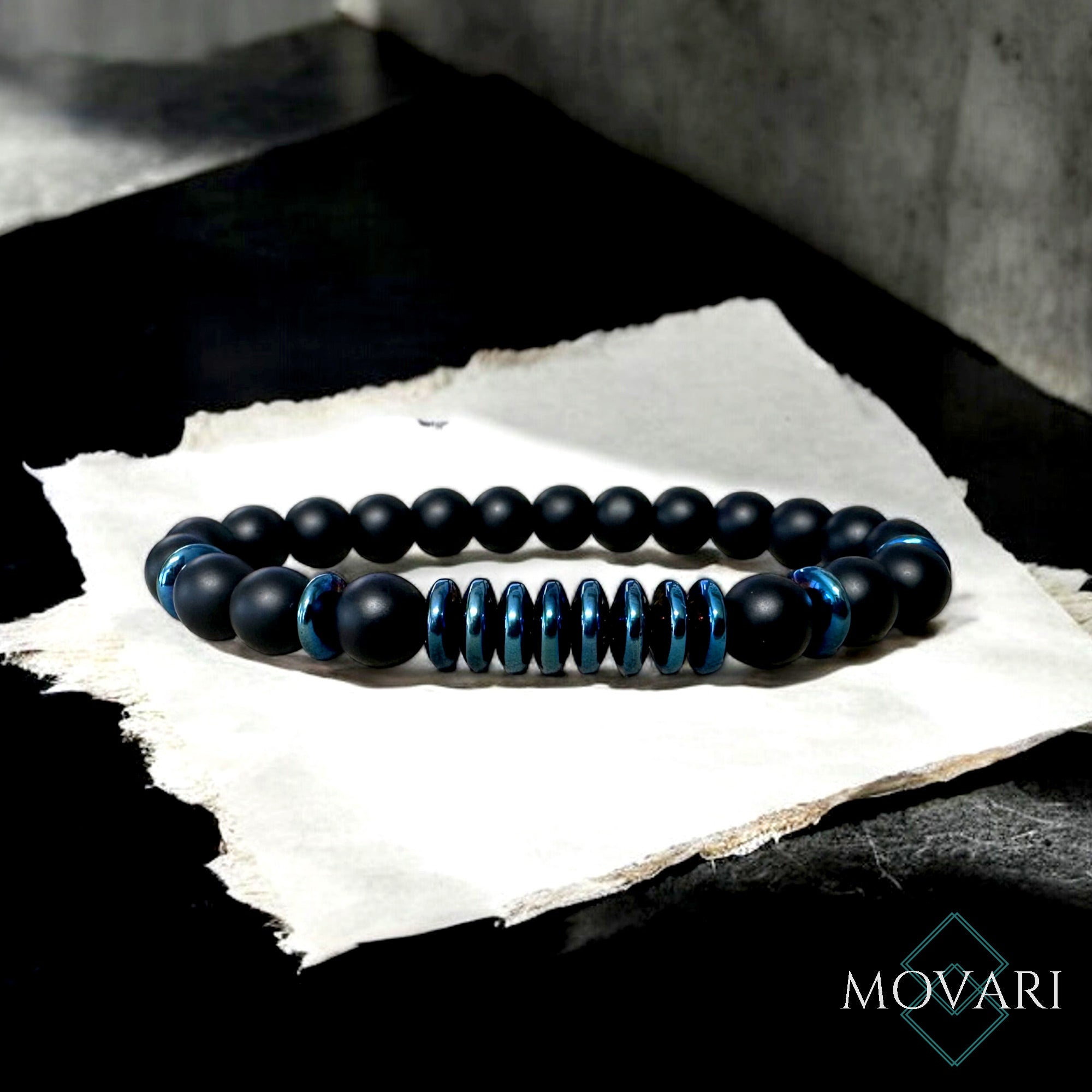 The Power 8 Matte Onyx Blue Hematite Bead Stretch Bracelet
