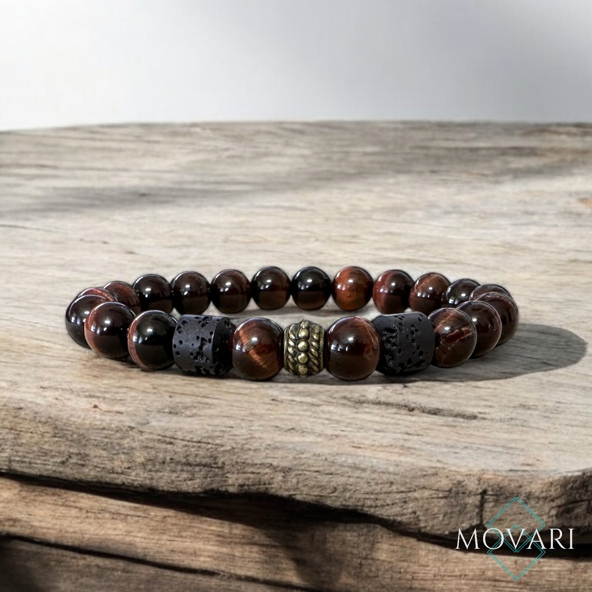 Mens Masculine Bead Bracelet Red Tigers Eye Lava 8mm Healing Crystals