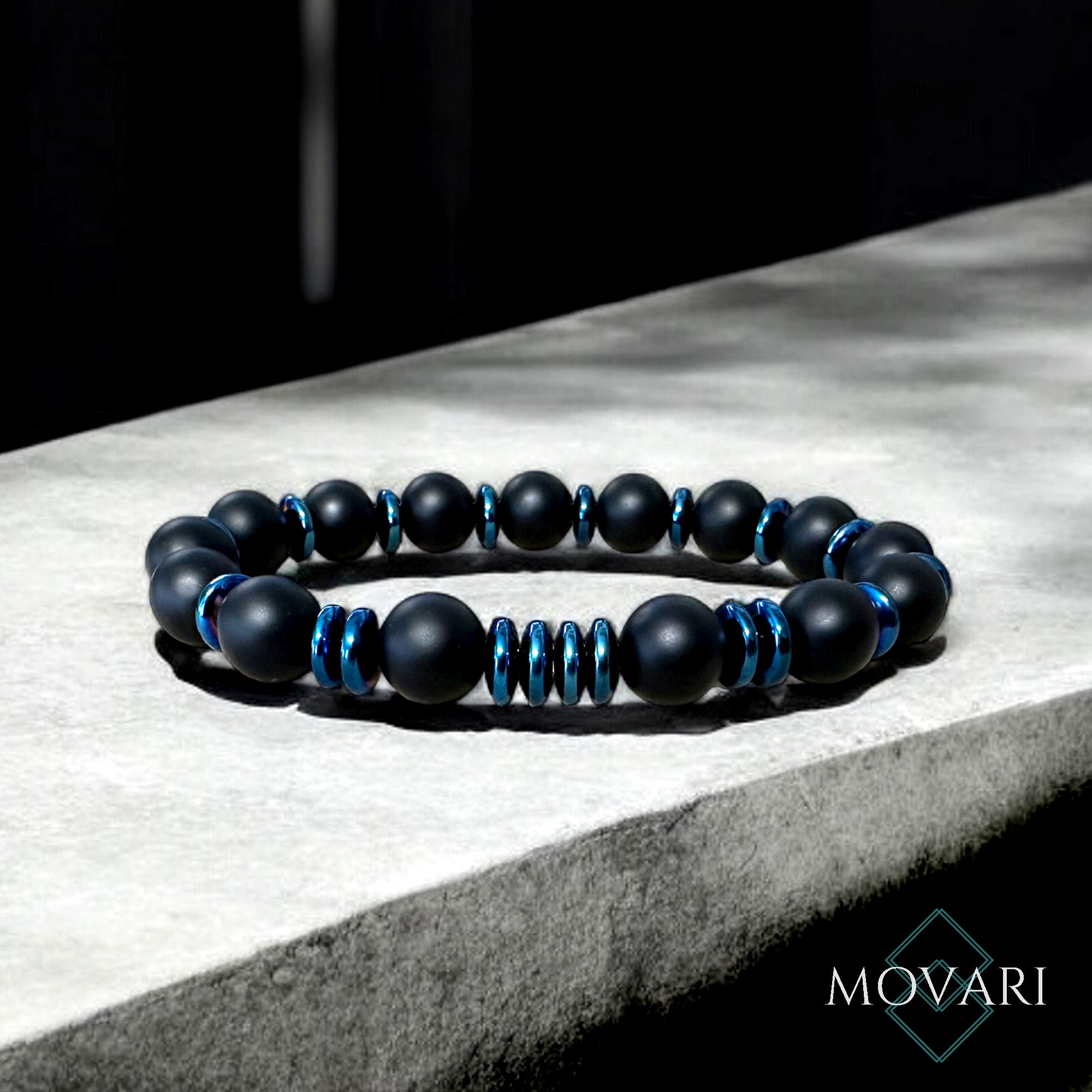 Men's 10mm Bead Stretch Bracelet Onyx Electric Blue Hematite