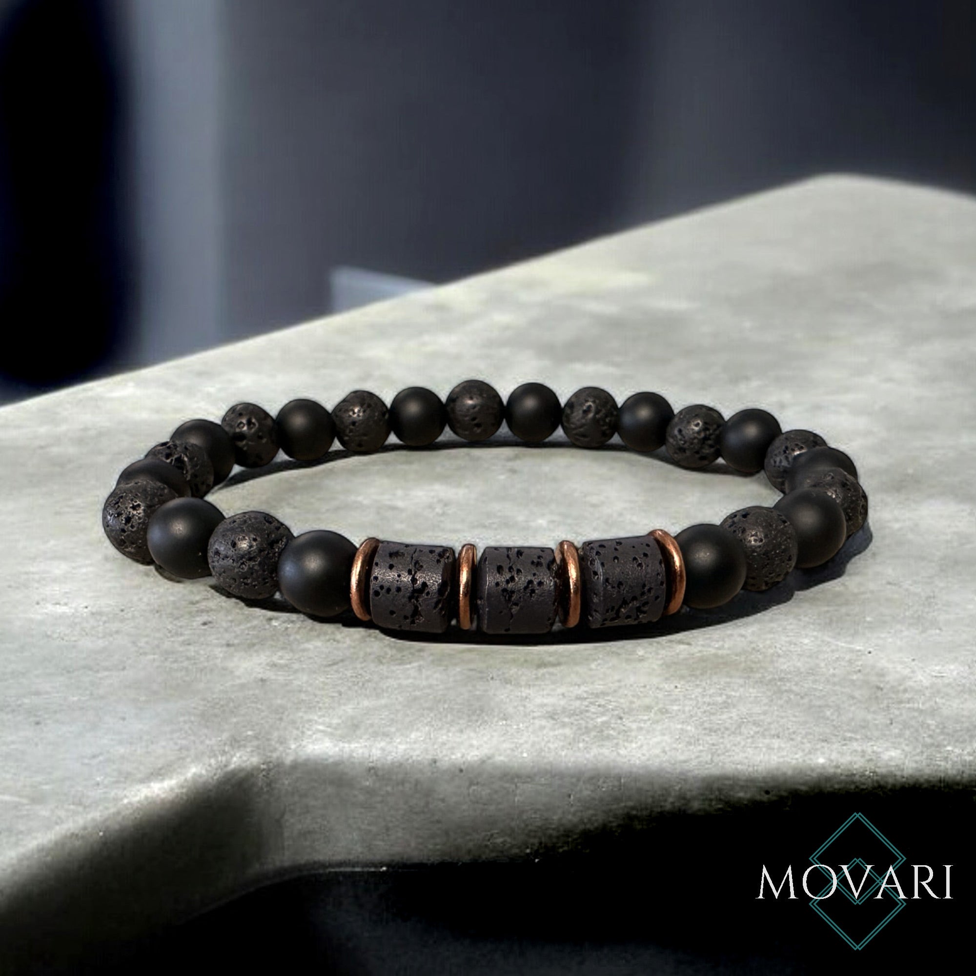 Mens Black Bead Bracelet Onyx Lava Cylinder Copper Essential Oils 8mm