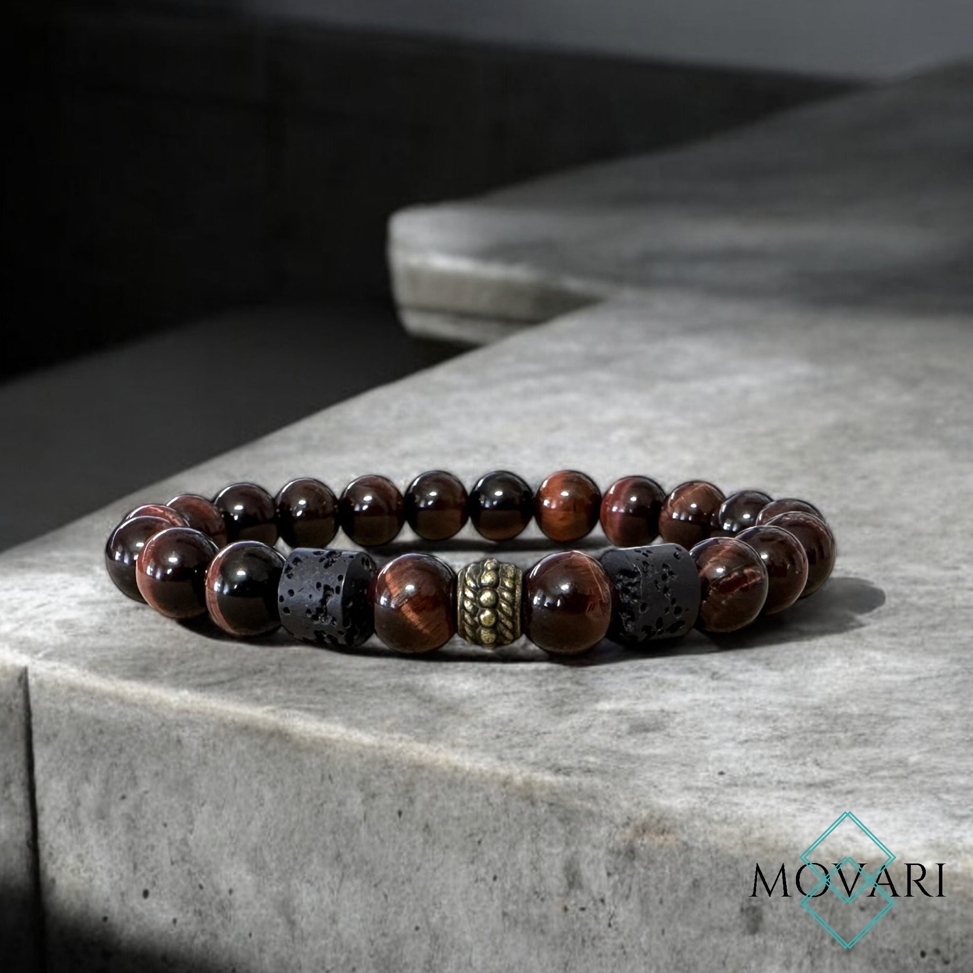 Mens Masculine Bead Bracelet Red Tigers Eye Lava 8mm Healing Crystals