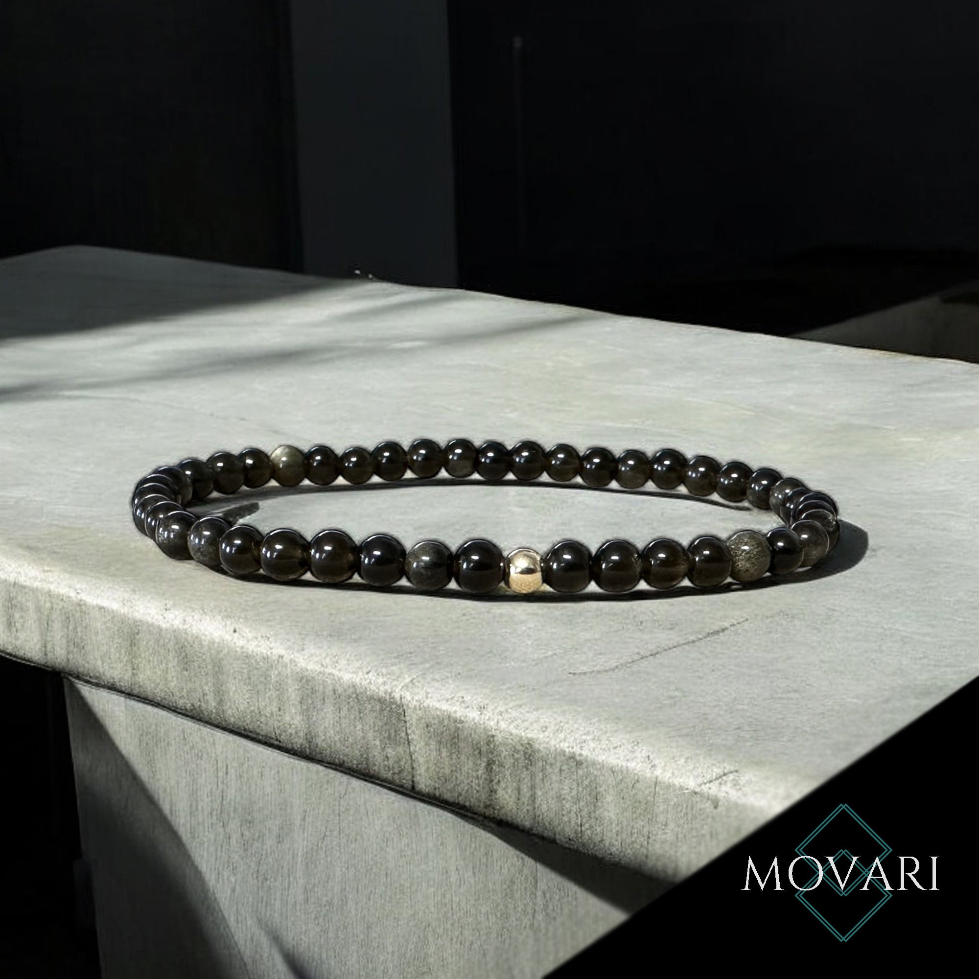 Mens Sophisticated Bead Bracelet Obsidian 14K Gold Filled 4mm Comfortable fit