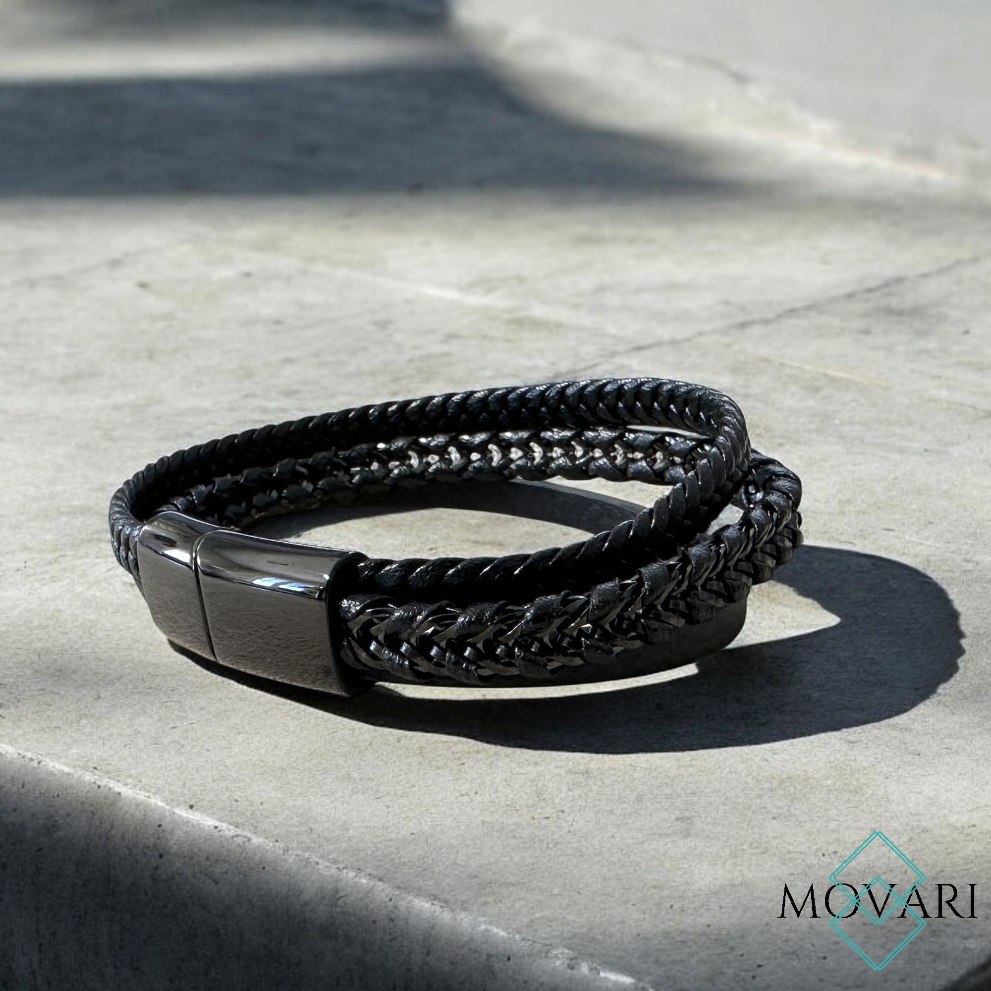 three band black leather and steel men's bracelet