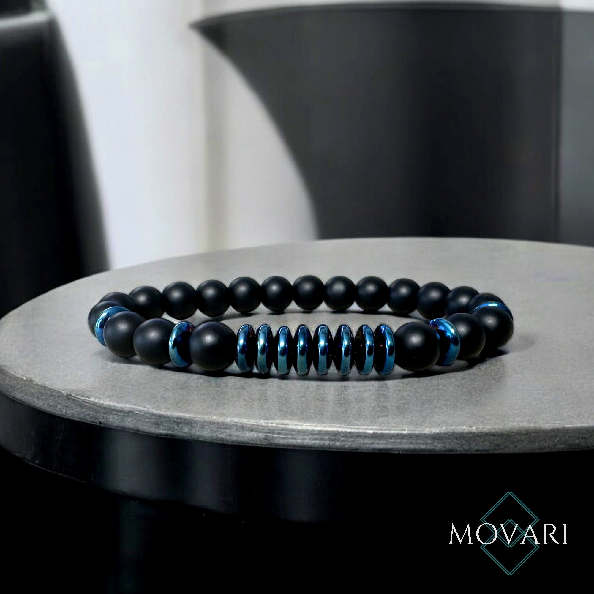 The Power 8 Matte Onyx Blue Hematite Bead Stretch Bracelet Ambition