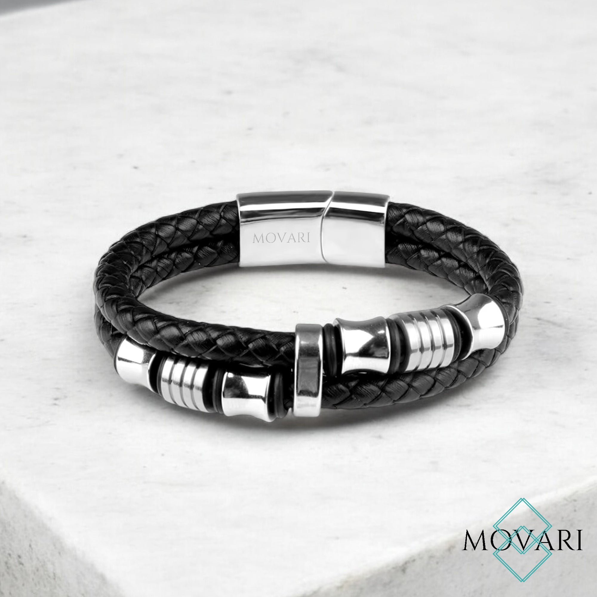 Two Layer Black And Silver Steel Braided Leather Bracelet Movari Jewelry For Men USA