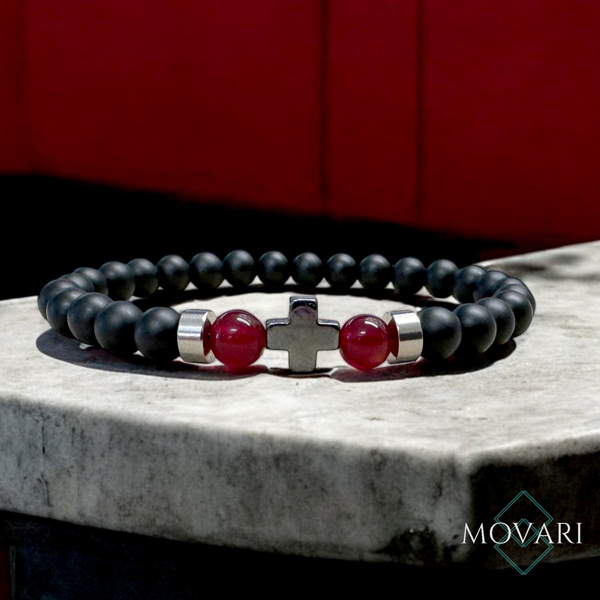 Vampire Bead Bracelet 6mm Gothic Bracelet Blood Red Jade Hematite Cross