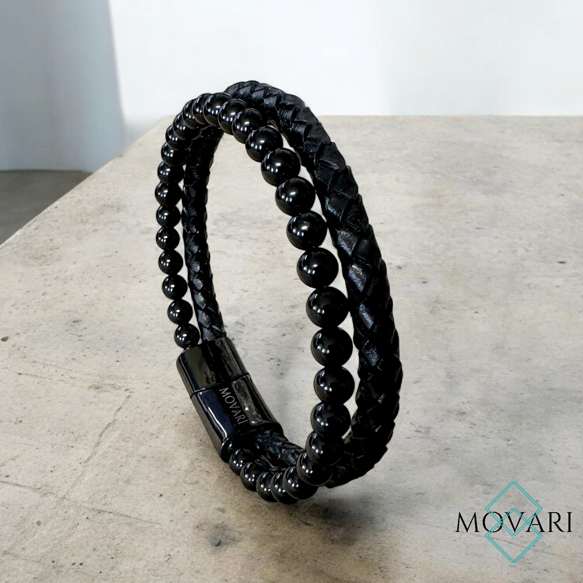 Black Obsidian And Braided Leather 2 Layer Men's Bracelet Urban Style