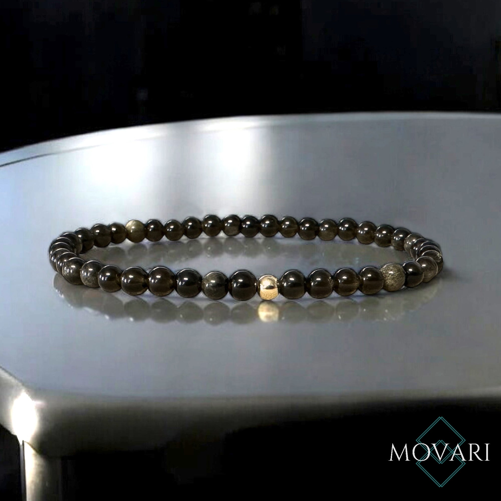 sleek Mens Sophisticated Bead Bracelet Obsidian 14K Gold Filled 4mm Comfortable fit