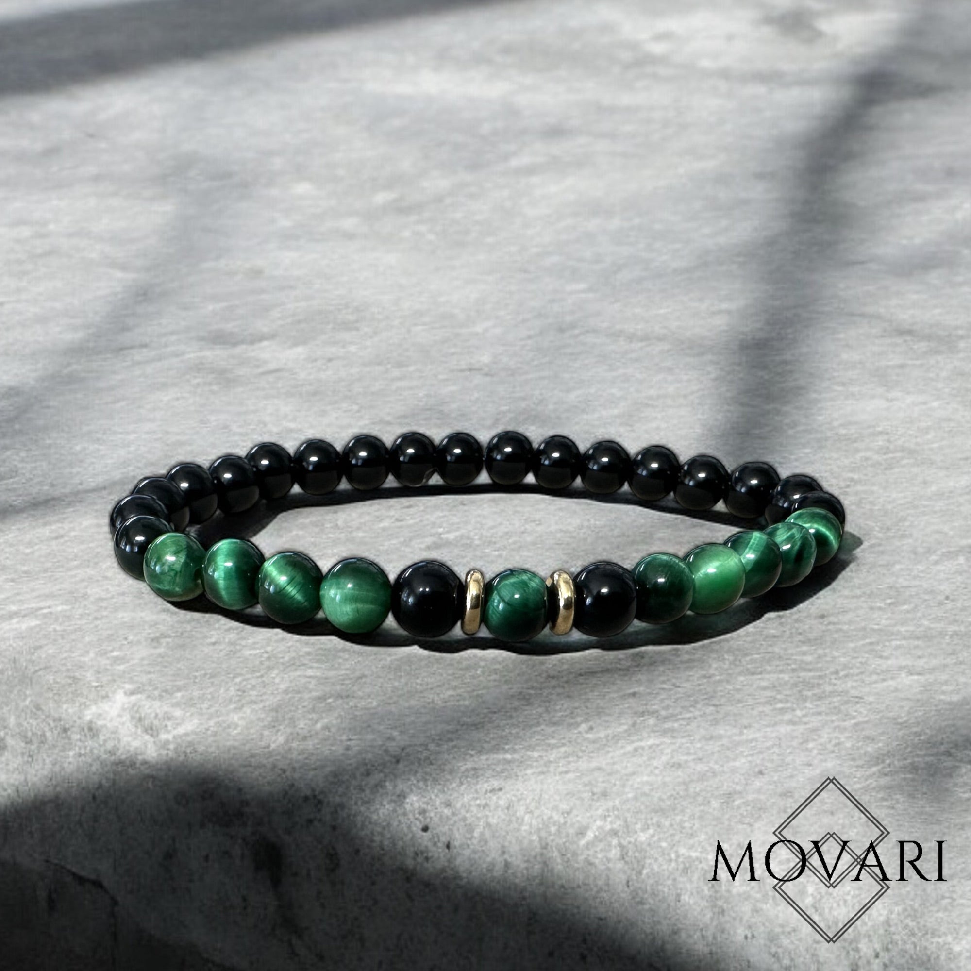 stylish Green Tigers Eye Obsidian Brass Bead Stretch Bracelet 6mm