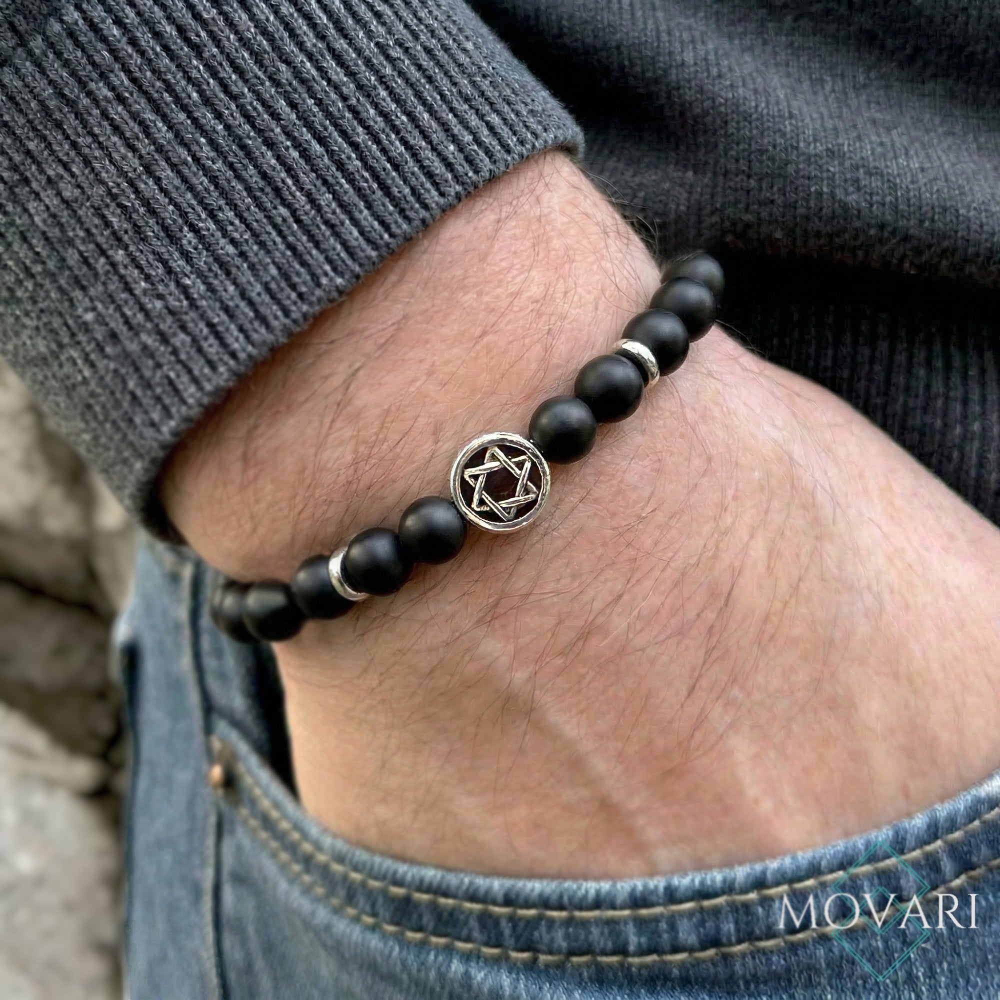 8mm Star of David Bracelet Spiritual Black Onyx and Stainless Steel