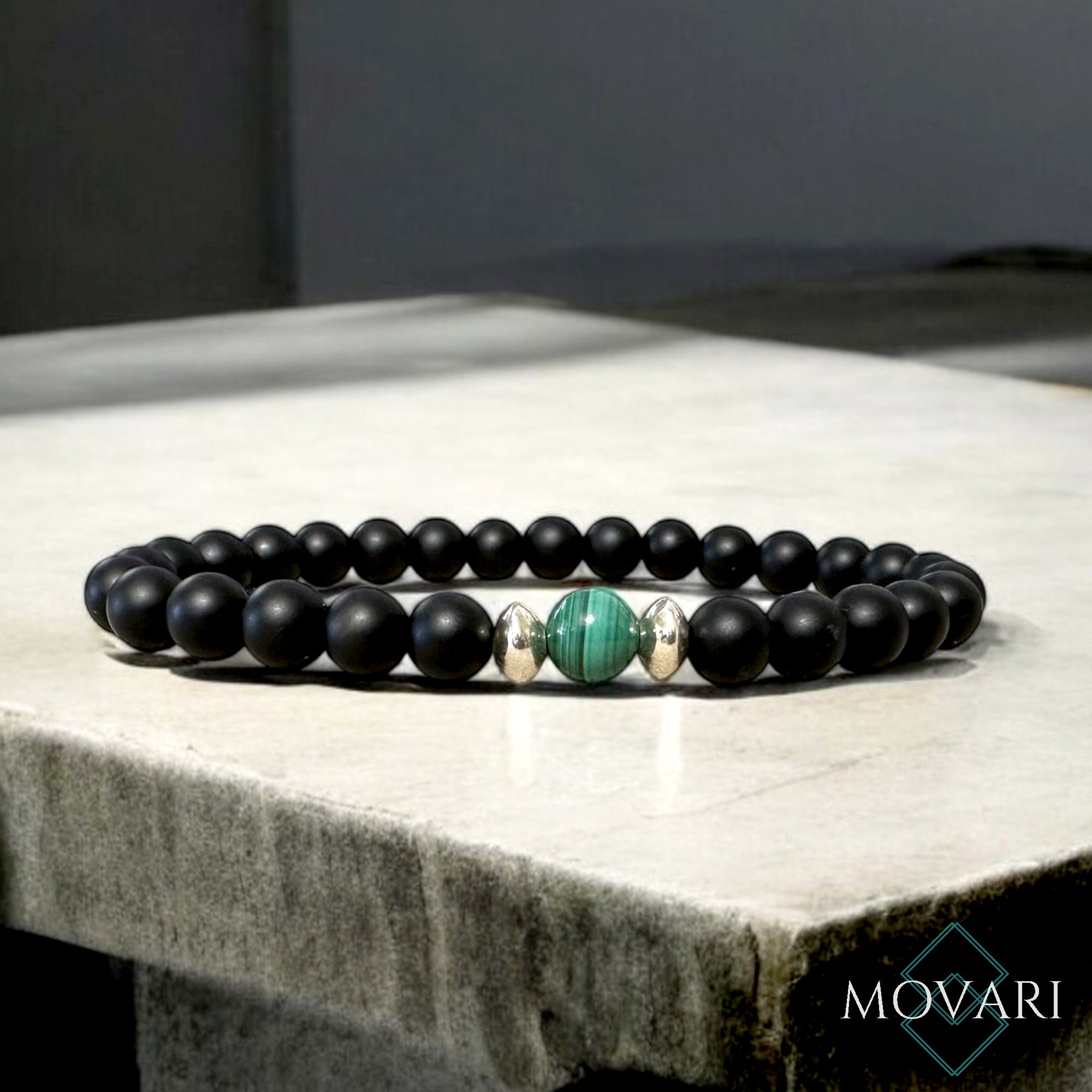 Classy Mens Bead Bracelet 925 Sterling Silver And Malachite 6mm Stretchable