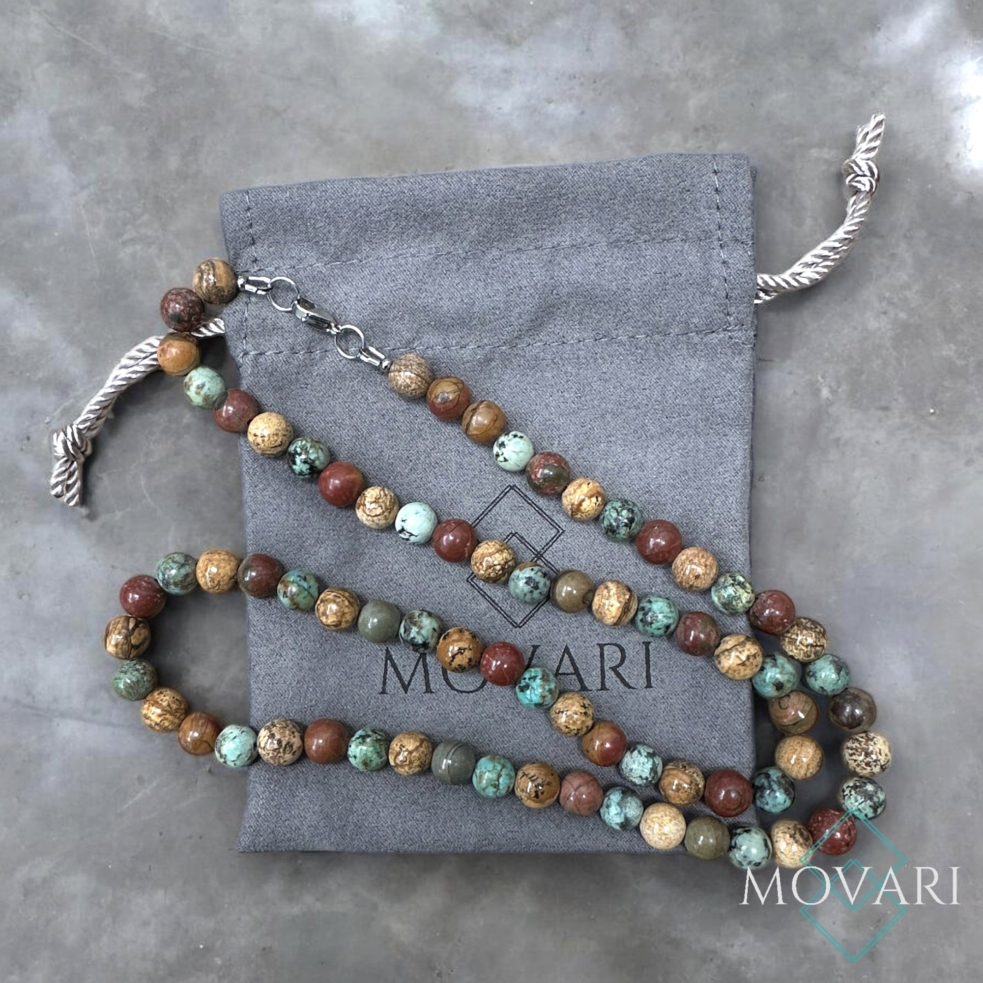 The Nomad Bead Necklace African Turquoise, Red Creek Jasper & Picture Jasper Bohemian Surf Jewelry
