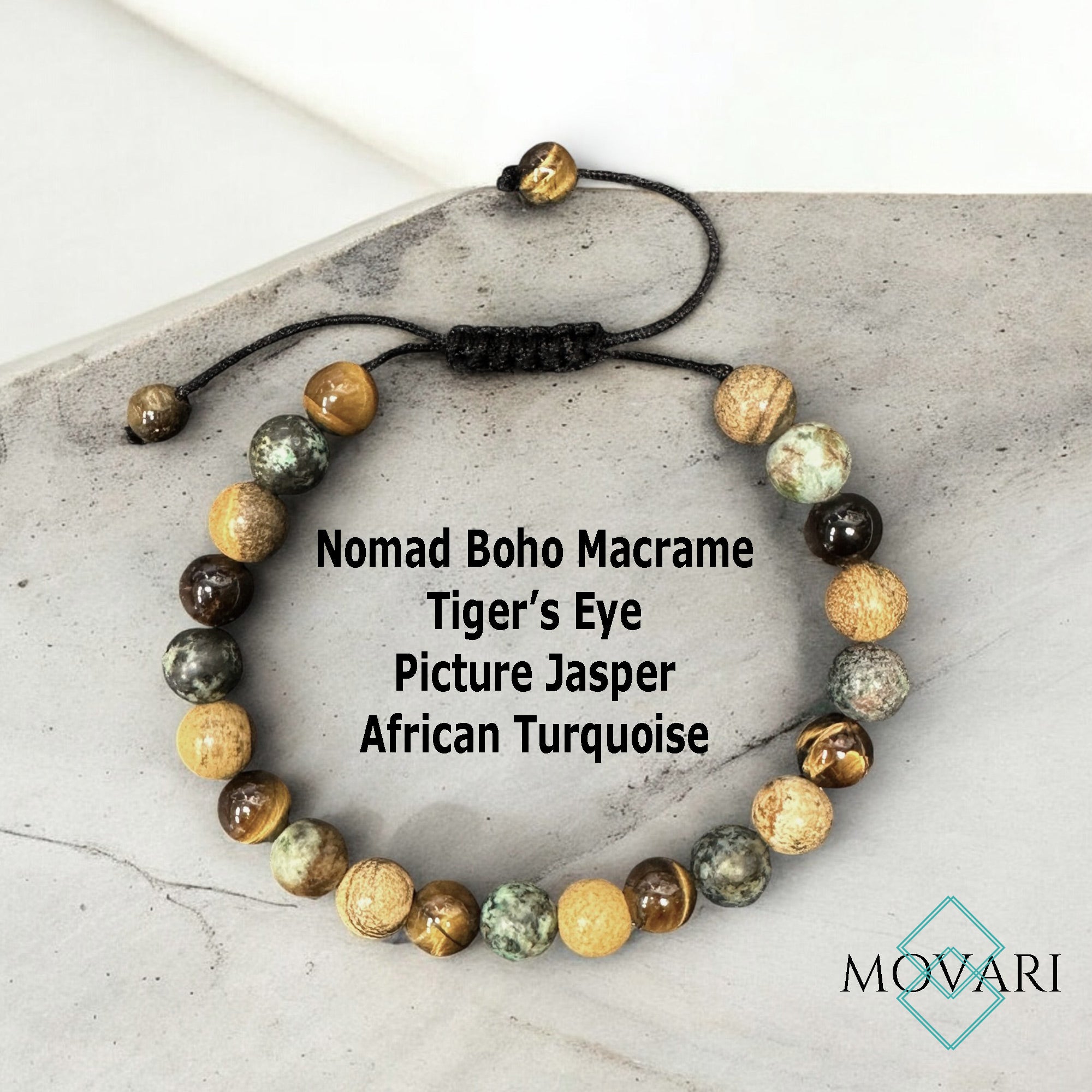 Adjustable Macramé Bead Bracelet Turquoise Picture Jasper Tigers Eye