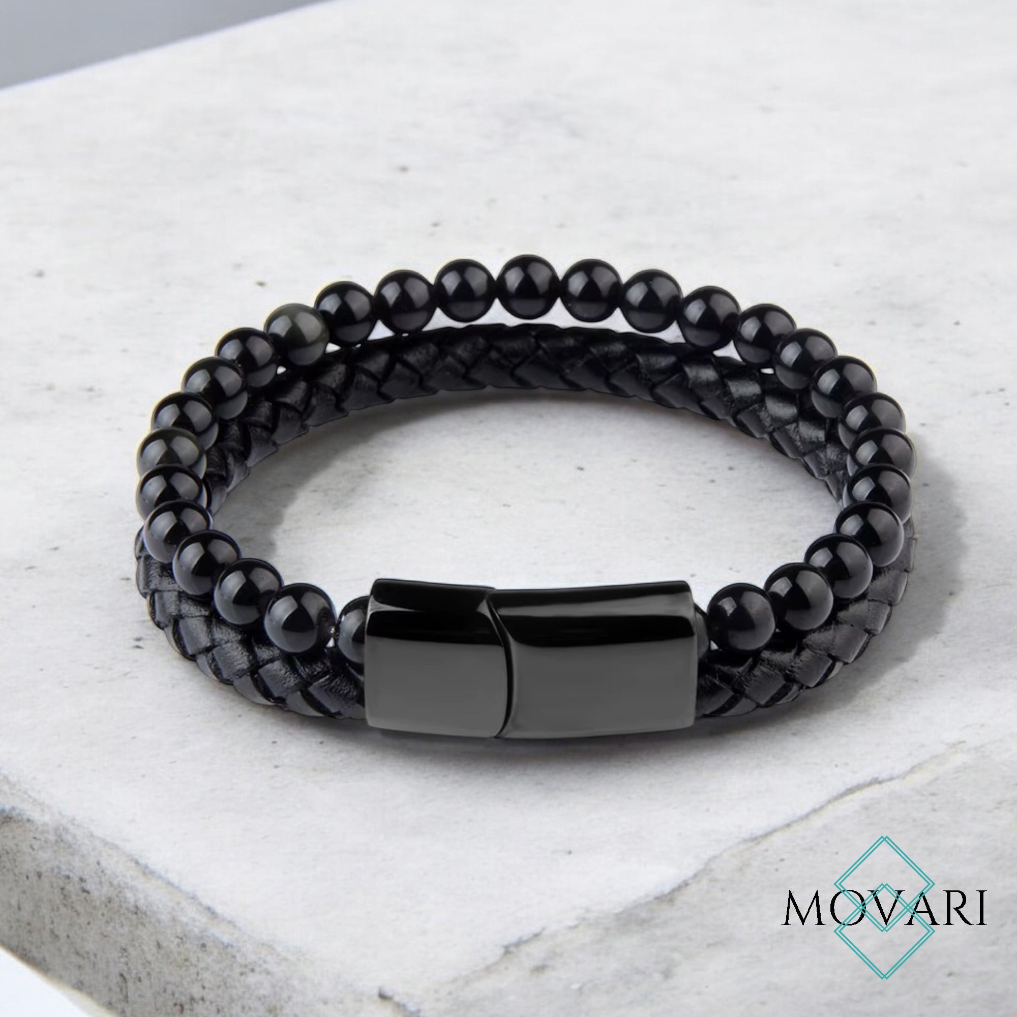 Men's black onyx layered bracelet high street luxury jewelry for men, Movari