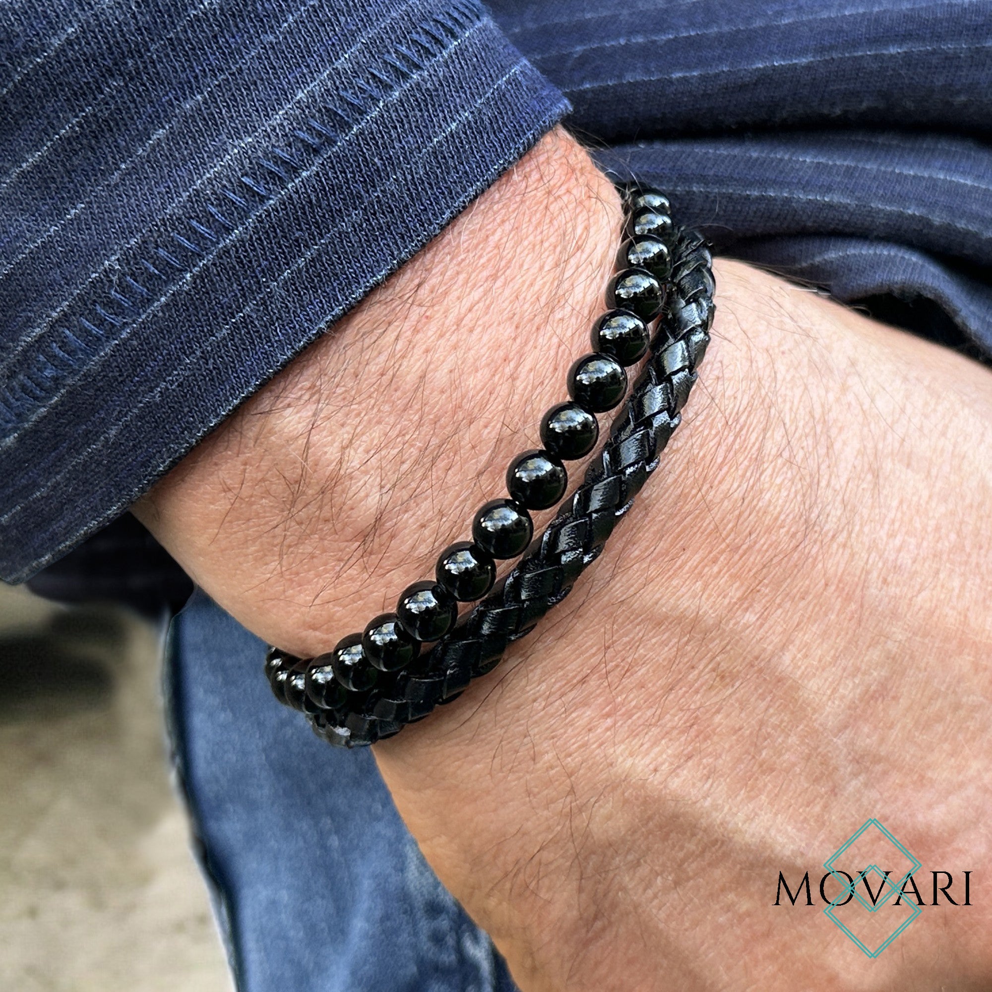 Men's trendy jewelry gemstone and leather bracelet men's jewelry fashion