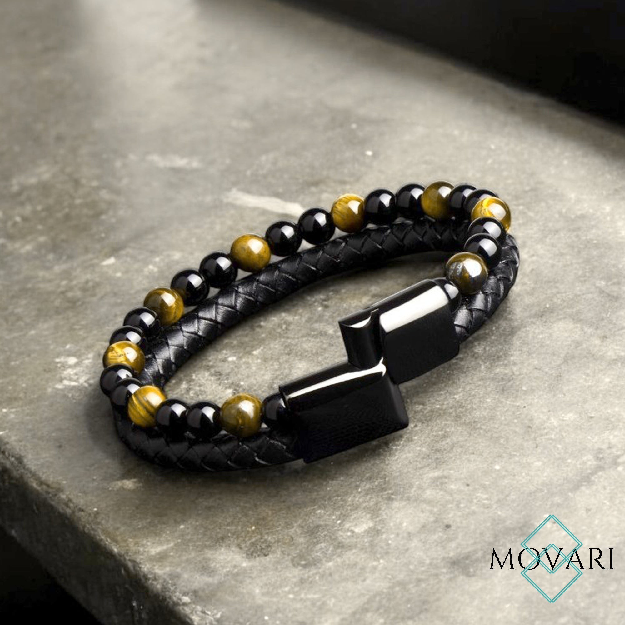 Protection bracelet for men tigers eye and obsidian leather bracelet