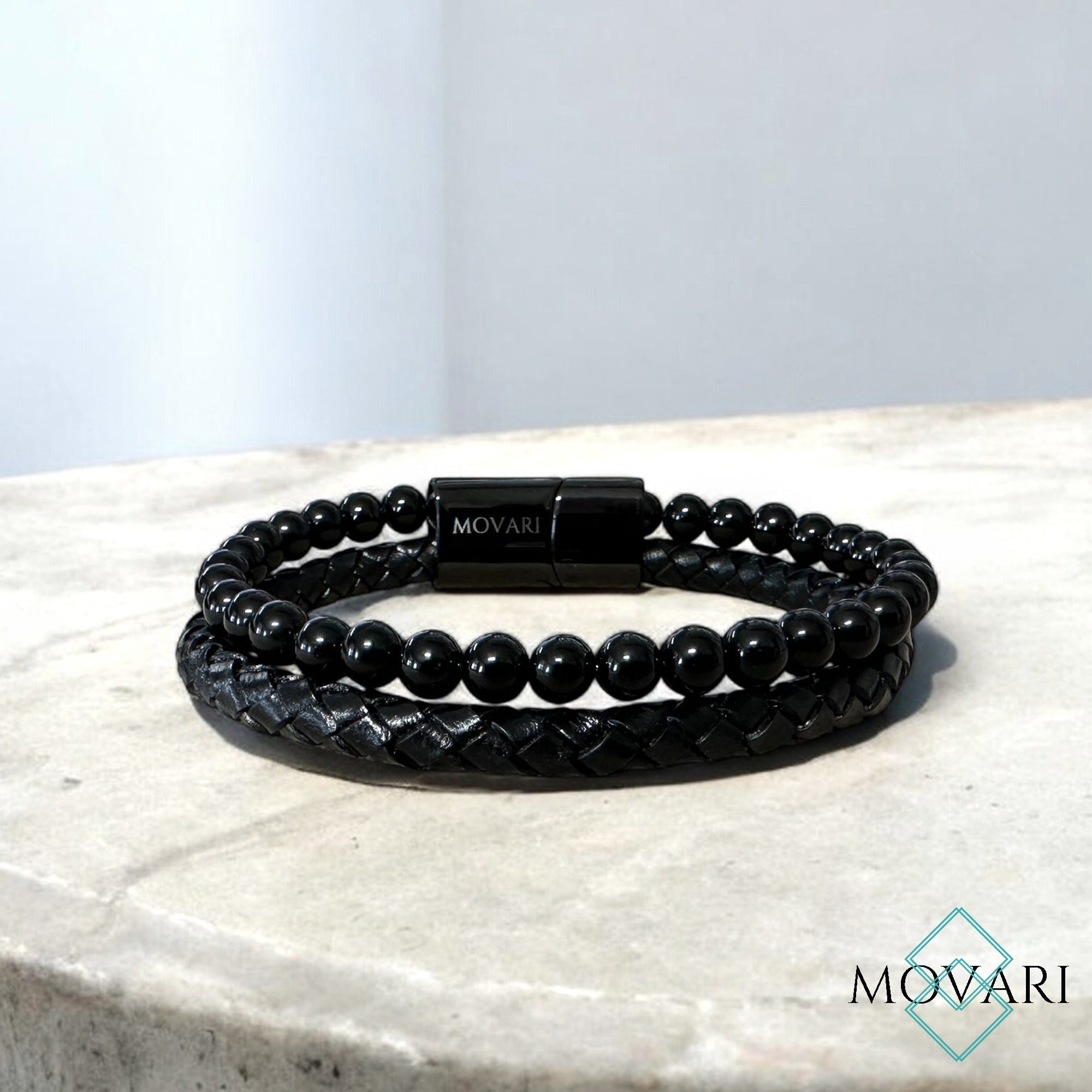 Unique Men's Bracelet Black Obsidian Black Leather Black Steel great gifts for guys Movari jewelry