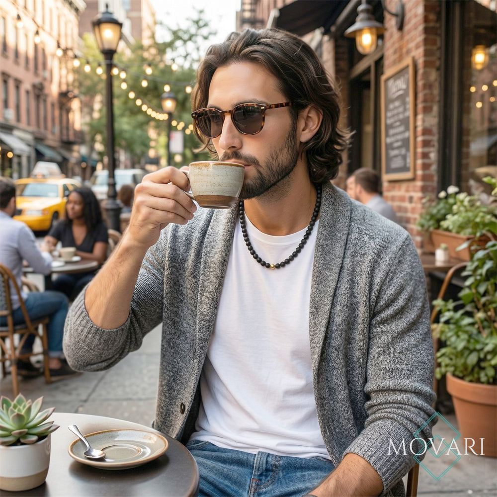 movari jewelry hipster wearing black gold necklace